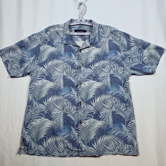 Tommy Bahama Mens L Blue Palms Hawaiian Camp Button Front Shirt - Picture 1 of 8